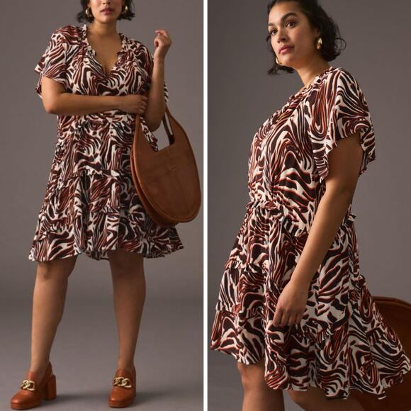NWT Anthropologie Dress Tiered Ruffle Cottagecore Robin Mini Orange Brown 1X - Picture 1 of 16
